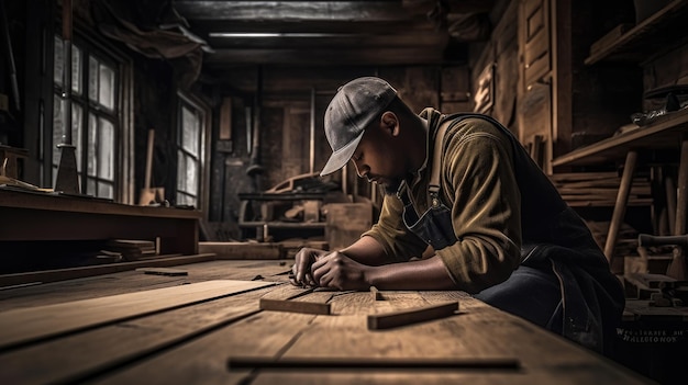 Der Mann arbeitet mit Holzbrettern in einer Werkstatt mit Entschlossenheit Generative AI AIG21