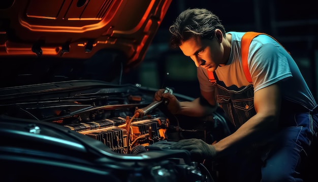 Foto der mann arbeitet unter dem motor eines autos