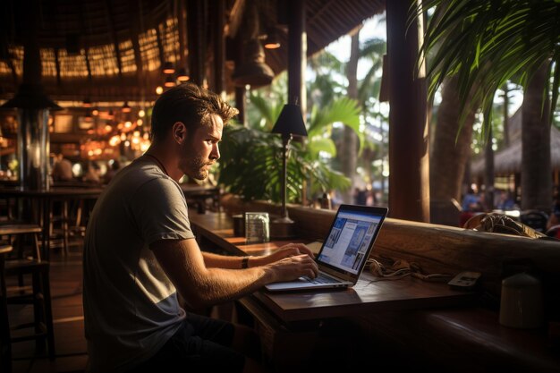 Foto der mann benutzt den laptop am tisch