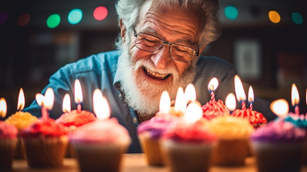 Der Mann bläst die Kerzen auf den Cupcakes aus