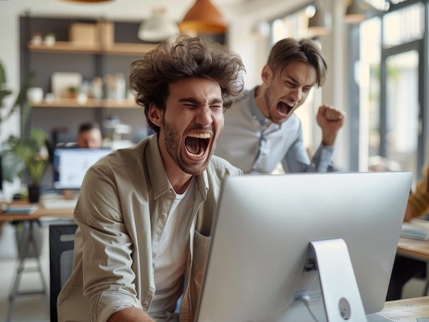 Der Mann, der im Büro auf den Computer schreit