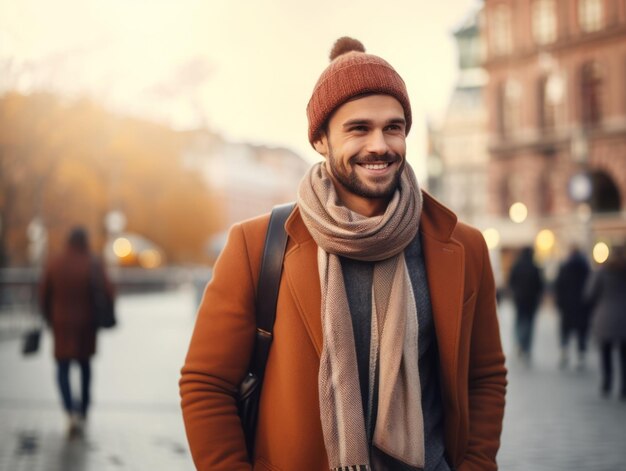 Der Mann genießt einen gemütlichen Spaziergang an einem Wintertag