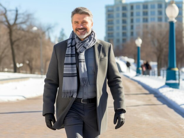 Der Mann genießt einen gemütlichen Spaziergang an einem Wintertag