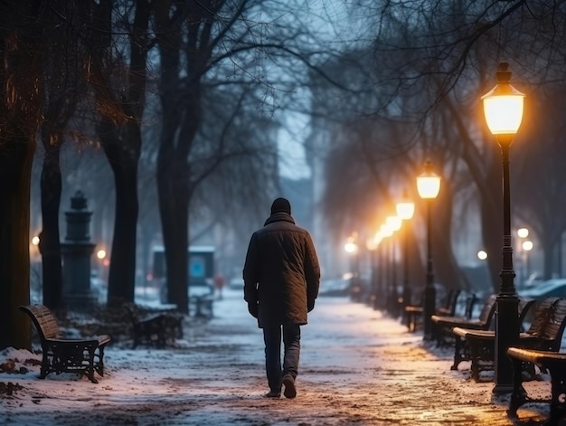 Der Mann genießt einen gemütlichen Spaziergang an einem Wintertag