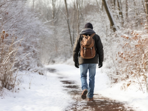Foto der mann genießt einen gemütlichen spaziergang an einem wintertag