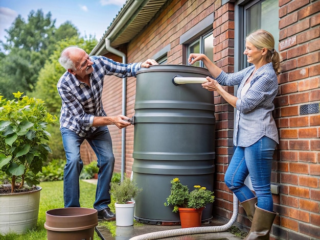 Der Mann hilft seiner Frau bei der Installation eines Regenwassersystems zur Bewässerung ihrer Pflanzen