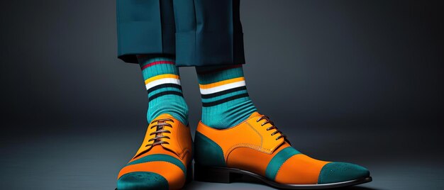 der Mann mit bunten Socken und Schuhen im Stil von dunklem Blaugrün und Orange