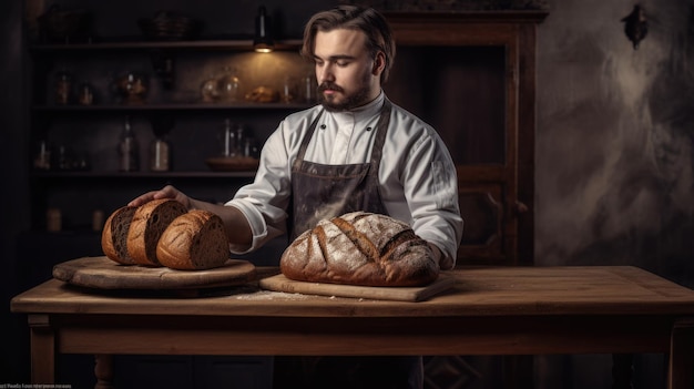 Der Mann mit der Schürze hält einen Laib Brot auf die Tischplatte in der Küche. Generative KI AIG21