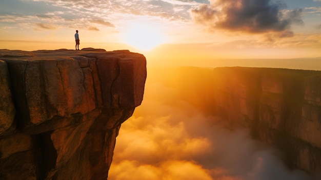 Der Mann steht am Rand eines kolossalen Felsens, der in die warmen Farben des Sonnenuntergangs getaucht ist