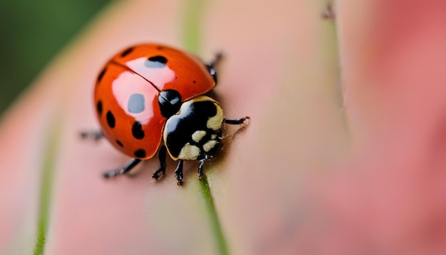 Der Marienkäfer sitzt auf einem farbigen Blatt Makrofoto von Marienkäfer in Nahaufnahme Coccinellidae