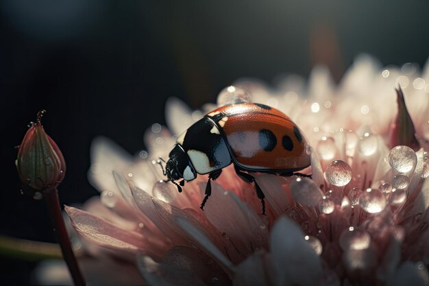 Der Marienkäfer sitzt auf einer Blume. Makroaufnahme aus nächster Nähe. Generative KI