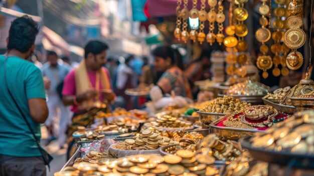 Foto der markt ist voller aktivitäten mit verkäufern, die goldschmuckmünzen von akshaya tritiya verkaufen.