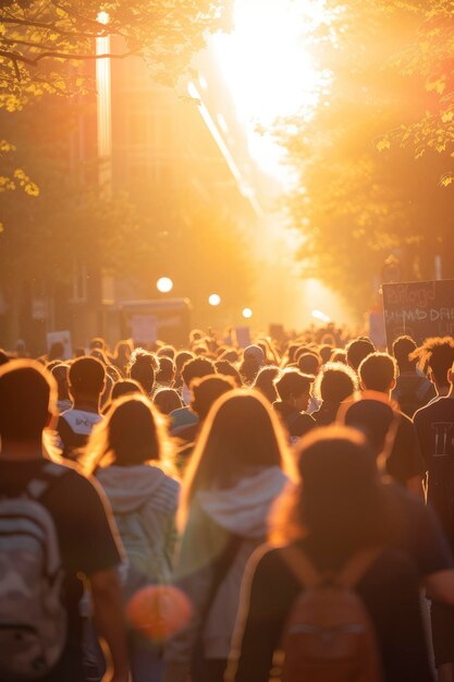 Foto der marsch in richtung gerechtigkeit friedliche schwarze leben sind wichtig demonstranten bewegen sich in den sonnenuntergang.