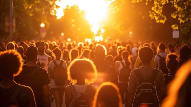 Der Marsch in Richtung Gerechtigkeit Friedliche schwarze Leben sind wichtig Demonstranten bewegen sich in den Sonnenuntergang.