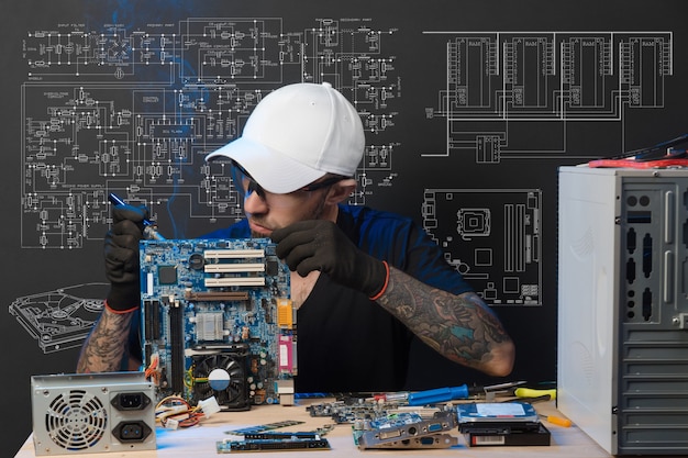 Der Mensch beschäftigt sich mit der Reparatur von Computern