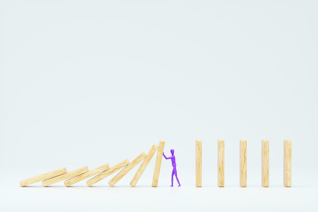 Der Mensch hat den fallenden Domino-Effekt gestoppt, die Kettenreaktion gestoppt, Metapher Standard, wirtschaftliche Krise, Remission, 3D-Illustration, 3D-Rendering
