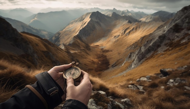 Der Mensch wandert durch die Bergkette und entdeckt Schönheit in der Natur, die von KI generiert wird