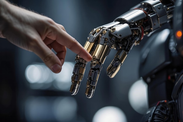 Foto der menschliche finger berührt sanft den finger eines roboters, einen metallischen finger.