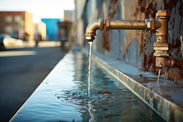 Der Metallhahn gibt Wasser ab, das aus Regenfällen gesammelt wurde