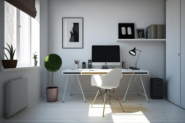 Der minimalistische Home-Office-Bereich verfügt über einen Schreibtisch und einen Laptop, einen Parkettboden und eine helle, hölzerne Bürofläche mit leerer Wand zum Kopieren