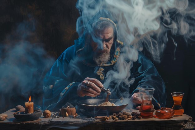 Der mittelalterliche Alchemist macht ein magisches Ritual am Tisch in seinem Rauchlabor