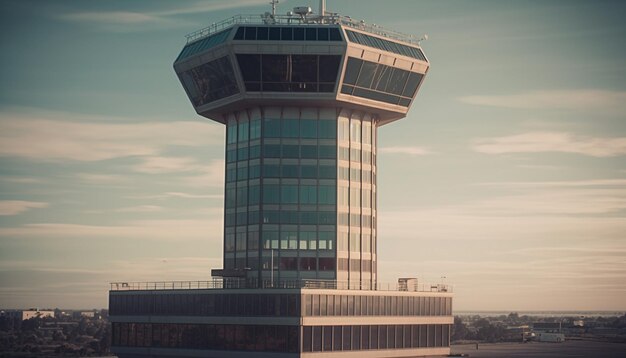 Foto der moderne wolkenkratzer spiegelt den futuristischen flugverkehrskontrollturm im durch künstliche intelligenz erzeugten stadtbild wider