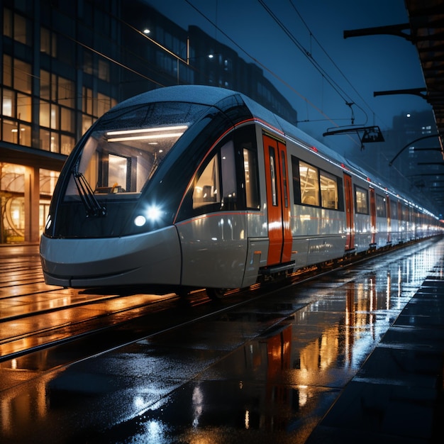 Der moderne Zug erreicht das Bahnsteig in Nachtansicht des geschäftigen Bahnhofs Panorama Für Social Media Post
