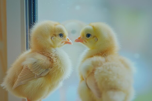 Der Moment der Überraschung Ein flauschiges Küken sieht seine Reflexion und hält verwundert inne