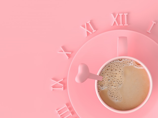 Der Moment des Liebesideenkonzeptes. Melken Sie Kaffeerosaschale auf rosa Pastellhintergrund mit Kopienraum für Ihren Text, 3d übertragen.