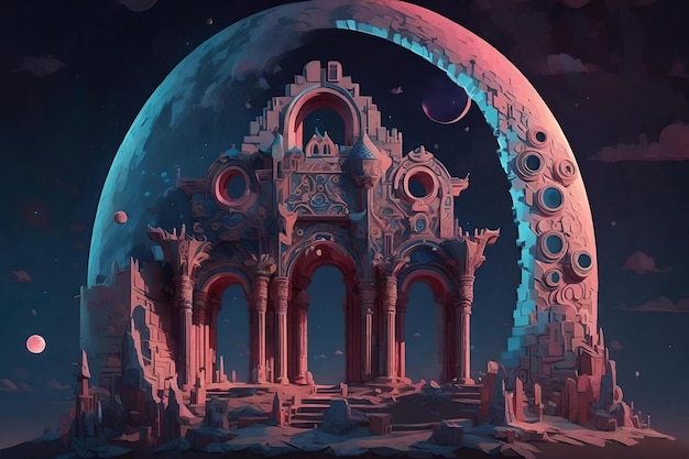 Der Mond erleuchtete den Nachthimmel in dieser Kunst im Stil fantastischer Ruinen, die durch digitale KI generiert wurden