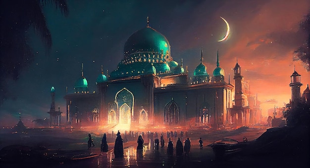 Der Mond und die Moschee in der Nacht