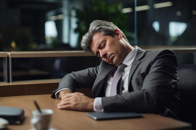 Der müde Geschäftsführer schläft am Schreibtisch mit dem Gesicht auf der Arbeitsfläche