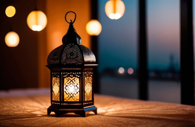 Foto der muslimische feiertag des ramadan eine lampe und kerzen liegen auf dem tisch auf dem tischtuch in der nähe des fensters