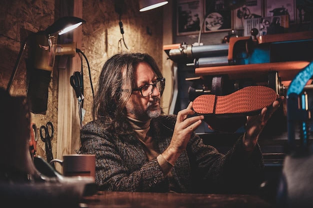 Der nachdenkliche Schuhmeister mit Brille arbeitet in seiner Werkstatt an seiner neuen Schuhkollektion.