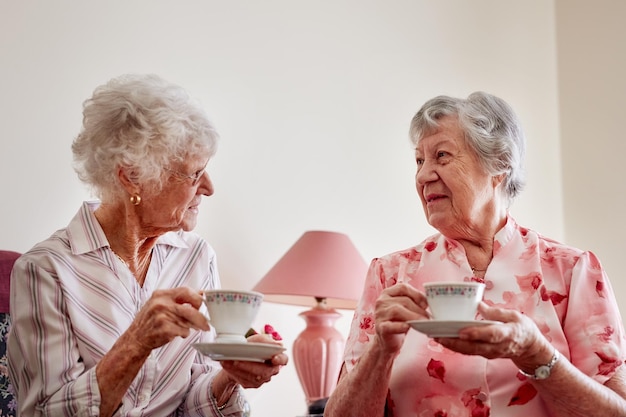 Der Nachmittagstee ist die perfekte Zeit für ein Treffen. Aufnahme von zwei glücklichen älteren Frauen, die zu Hause zusammen Tee trinken