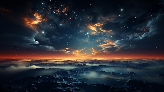 Der Nachthimmel leuchtet mit mystischem Silhouettenhintergrund der Galaxie
