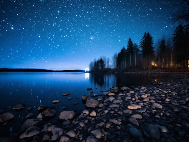 der Nachthimmel über einem See mit Felsen und Bäumen