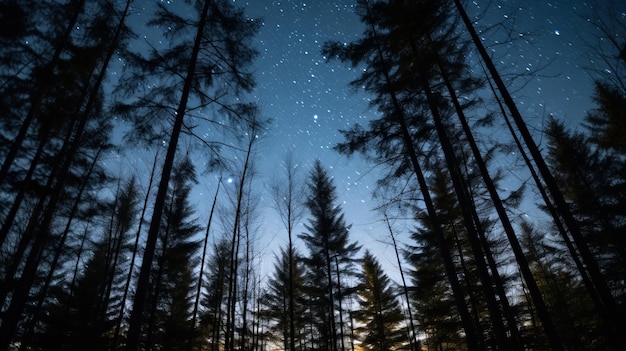 der Nachthimmel über einem Wald mit Bäumen und Sternen
