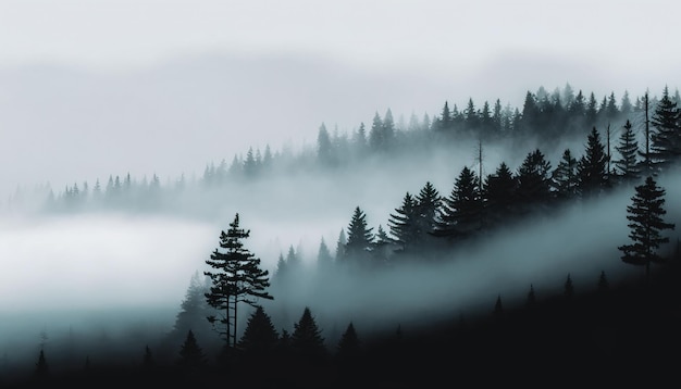 Foto der natürliche hintergrund erzeugt einen ruhigen und minimalistischen blick auf einen nebligen waldhügel im frühling