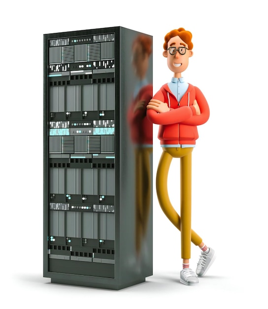 Der Nerd Larry steht neben dem Server 3D-Illustration Konzept moderner Technologien