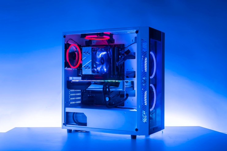 Foto der neue moderne leistungsstarke gaming-computer mit wunderschönen rgb-lichtern in verschiedenen farben und einer glasvitrine auf dem tisch im dunkeln