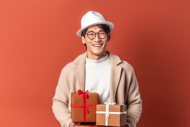 Der niedliche, trendige Hipster-Asiatmann ist bereit für die Weihnachtsfeier mit Weihnachtsmannmützen