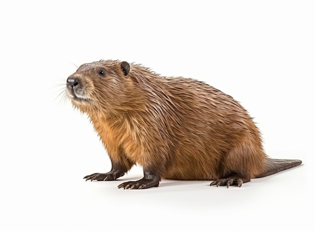 Der nordamerikanische Biber steht seitwärts und schaut in die Kamera. Frontansicht Castor canadensis Isoliert