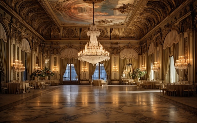 Der opulente Ballsaal des Palastes mit historischer Eleganz und generativer KI