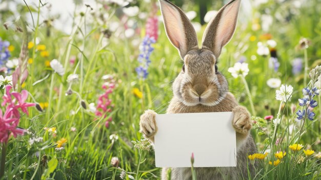 Foto der osterhase hält ein weißes blankoschild in seinen pfoten