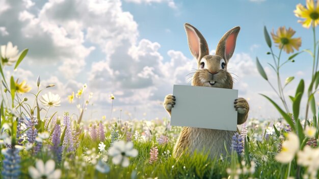 Foto der osterhase hält ein weißes blankoschild in seinen pfoten