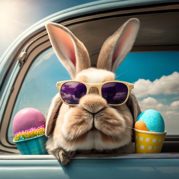 Der Osterhase mit Sonnenbrille inmitten eines Autos voller Eier ist der süßeste Anblick dieses Feiertags. Generative KI