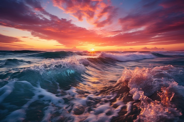Der Ozean umarmt den Sonnenuntergang, die Pracht, das schöne Bild des Sonnenaufgangs.