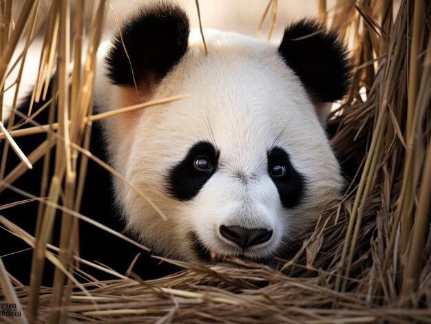 Foto der panda taucht aus einem dichten bambusgewächs auf
