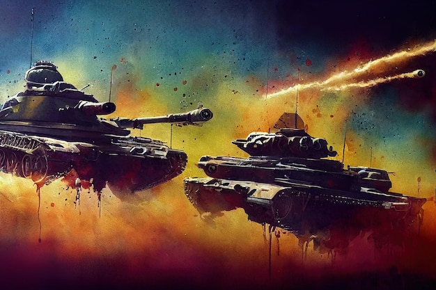 Der Panzer befindet sich im Kampf und schießt auf den feindlichen Weltkrieg Riesige Illustrationsmalerei im digitalen Kunststil des Panzers